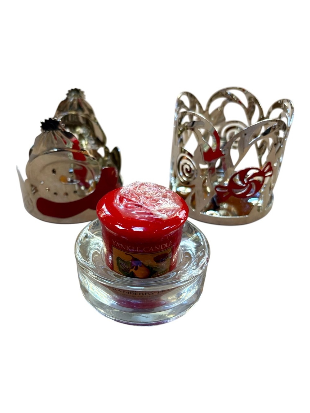 Christmas candy canes, snowman candle holders, glass votive holder & candle